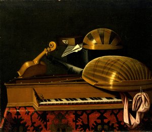 Stilleben med musikinstrument och böcker